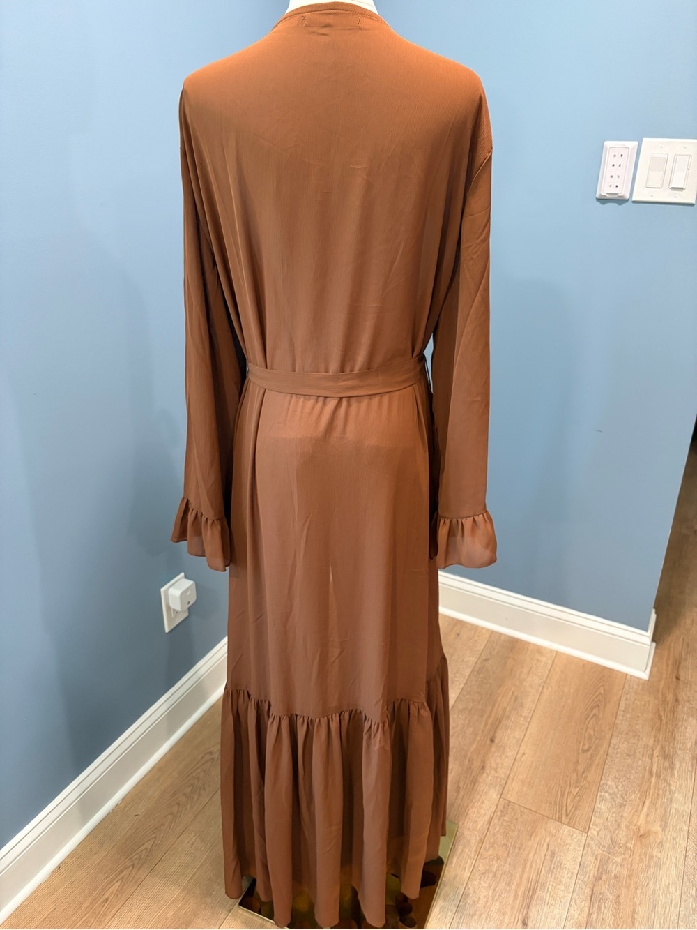 Kabayare Brown Long Duster Kimono Cardigan Ruffle Hem Tie Waist One Size Maxi - Picture 7 of 9